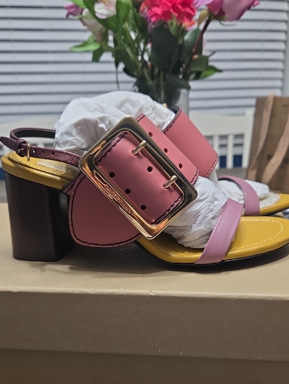 Burberry Pink and Yellow Block Heel Sandals with Gold Buckle Accent